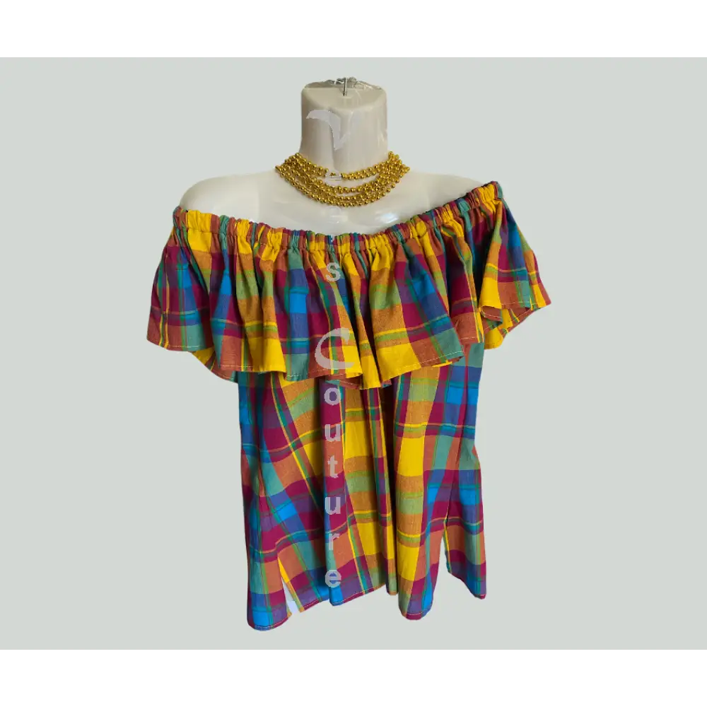 Single Layer Off-Shoulder Madras Blouse Kaleidoscope